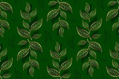 Yeşil arka planda altın yapraklı kusursuz çiçek deseni. Vektör çizimi. Tekstil, ambalaj, kumaş, ambalaj kağıdı, kapak, duvar kağıdı tasarımı.