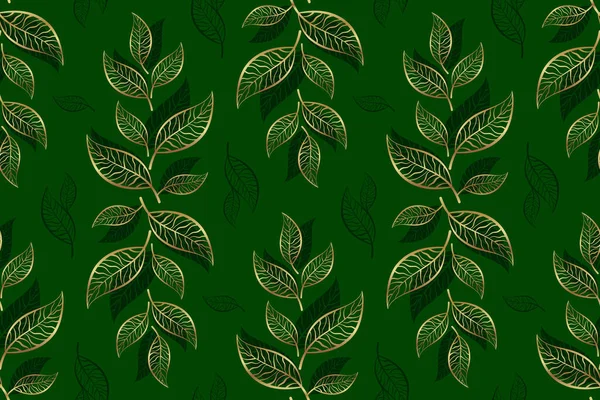 Цветочный Узор Золотыми Листьями Зеленом Фоне Векторная Иллюстрация Дизайн Текстиля — стоковый вектор