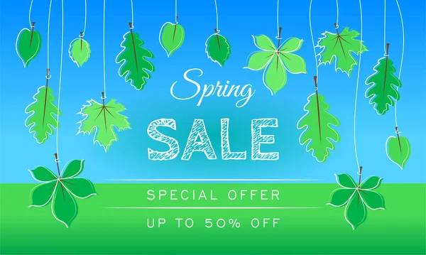 Frühjahrsverkauf Sonderangebot Banner Frühlingszeit Hängende Grüne Blätter Auf Blauem Hintergrund — Stockvektor