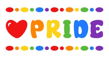 Beyaz arkaplanda izole edilmiş LGBTQ bayrağının gökkuşağı renklerinde kırmızı kalpli gurur metni. El çizimi harfler. Gurur Ayı için tipografi tasarım ögesi. Poster, afiş ve tişört için vektör tasarımı