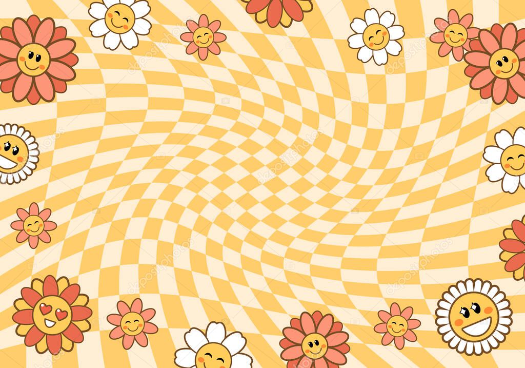 Retro Flower power banner with copy space for text. Groovy funny daisy flowers on yellow checkered background. Trendy hippie 70s style. Vector illustration for textile, poster design.