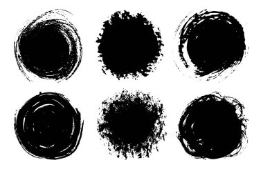 El çizimi mürekkep sıçramaları, beyaz arkaplanda yuvarlak tasarım elementleri. Soyut serbest fırça darbeleri. İzole vektör şekilleri boş pul, mühür, çerçeve, grunge arkaplan.