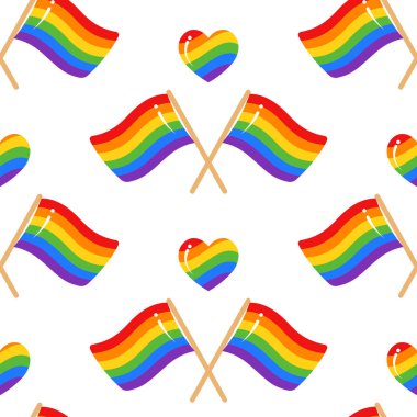 Beyaz arkaplanda gökkuşağı renkli LGBT Onur sembolleri olan dikişler. Gurur ayı tasarımı için vektör illüstrasyonu - afiş, poster, dekor, tebrik kartı. Çocuk modası için tekstil baskısı.