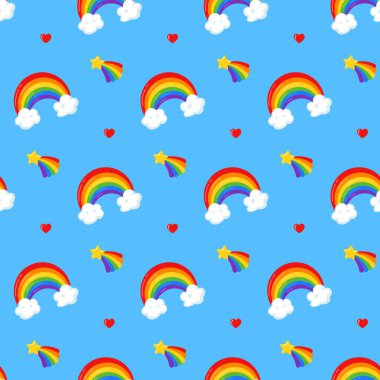 Beyaz bulutların üzerinde renkli gökkuşağı, mavi arka planda kayan yıldız ve kalp ile kusursuz desen. Gurur ayı tasarımı için vektör illüstrasyonu - afiş, poster, dekor, tebrik kartı. Yazdırma tasarımı