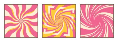 Harika pembe arka planlar. Retro 60 'lar 70' ler psikedelik funky kapak tasarımı. Y2K tarzında soyut kare posterler. Yazdırma şablonları veya tekstil için vektör duvar kağıdı koleksiyonu.