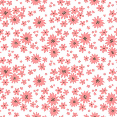 Beyaz arka planda pembe çiçekli kusursuz çiçek deseni. Vektör çizimi. Ditsy tarzı. Kumaş, ambalaj kağıdı, arkaplan, duvar kağıdı, çocuk modası için tasarım.