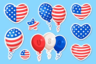 Bağımsızlık Günü için ABD çıkartmaları. Amerikan vatansever yürekli tasarım elementleri koleksiyonu, Amerikan bayrağı taşıyan yıldız ve balonları. ABD kutlaması. Sams Amca şapkası. Vektör kümesi