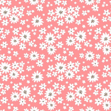 Pembe arka planda beyaz çiçekli kusursuz çiçek deseni. Vektör çizimi. Ditsy tarzı. Kumaş, ambalaj kağıdı, arkaplan, duvar kağıdı, çocuk modası için tasarım.