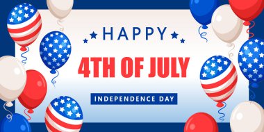 Amerika Birleşik Devletleri 'nin Bağımsızlık Günü Amerikan bayrağı renklerinde çizgili ve yıldızlı Amerikan balonları ile kutlanıyor. Vektör çizimi. 4 Temmuz kutlamaları için tasarım şablonu