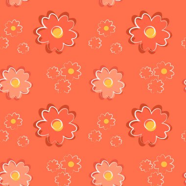 Kırmızı arka planda sevimli kırmızı çiçekleri olan kusursuz çiçek deseni. Düz bir şekilde vektör illüstrasyonu. Kumaş, ambalaj kağıdı, arkaplan, duvar kağıdı, çocuk modası için tasarım