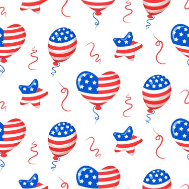 Amerikan kalbi ve yıldız şeklinde balonları olan kusursuz desenli Amerikan bayrağı renginde. Amerika Birleşik Devletleri 'nin 4 Temmuz Bağımsızlık Günü' nü kutlamak için vektör illüstrasyonu