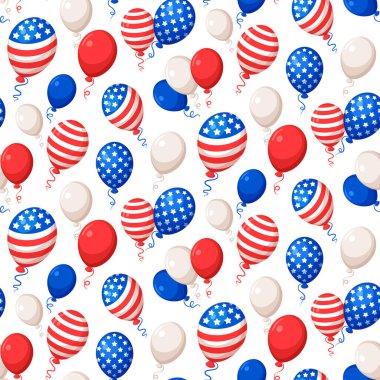 Amerikan ulusal bayrağının renklerinde, yıldızlı ve çizgili renkli balonlarla ABD kusursuz desen. Amerika Birleşik Devletleri 'nin 4 Temmuz Bağımsızlık Günü' nü kutlamak için vektör illüstrasyonu