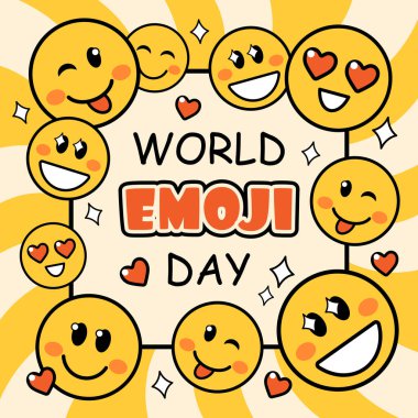 Dünya Emoji Günü ya da Gülme Günü konsepti. Sarı çerçeveli, şirin emoji yüzlü, mutlu gülümseyen ikonlar. Web tasarımı, poster, tebrik kartı veya çerçeve arkaplan şablonu için vektör illüstrasyonu