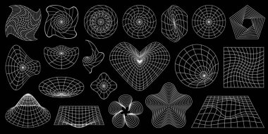Y2K retro fütüristik estetik seti. Soyut üç boyutlu kablo şekilleri, perspektif şebekeleri ve kalp. Gerçeküstü geometrik şekiller. Rave psychedelic siyah çizgi tasarım elementleri ve arkaplanlar