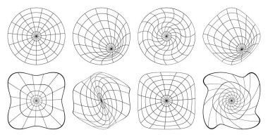 Y2K geçmişe dönük siyah kablo, yuvarlak şekiller, perspektif şebekeleri ve kalp. Gerçeküstü geometrik şekiller. Rave psychedelic siyah çizgi tasarım elementleri ve arkaplanlar
