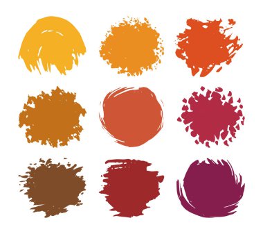 El çizimi sıçramalar, beyaz arkaplanda tasarım elemanları. Sonbahar renklerinde serbest ve parlak noktalar. İzole vektör çemberi şekilleri boş pul, mühür, çerçeve, grunge arkaplan.