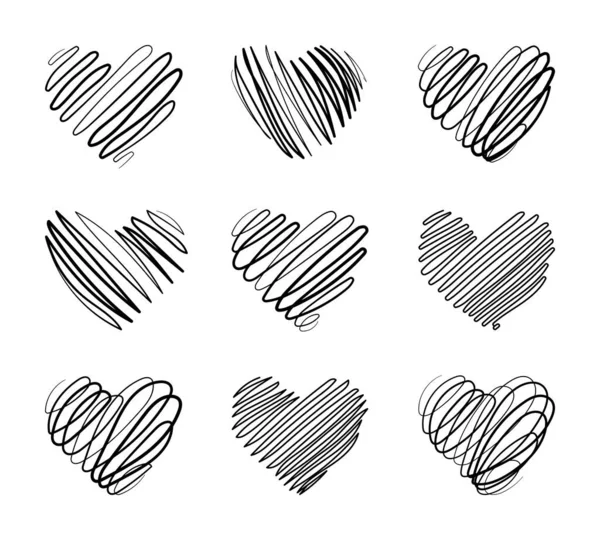 Jogo Corações Desenhados Mão Pretos Dia Valentim Estilo Linha Doodle —  Vetores de Stock