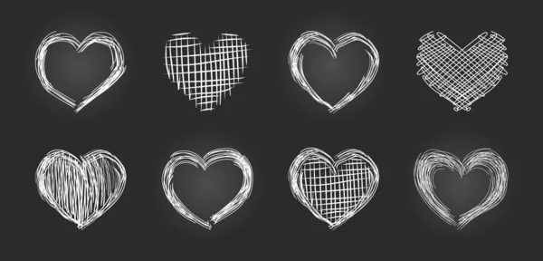 Set White Chalk Hand Drawn Hearts Black Board Collection Isolated — Stock Vector