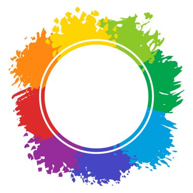 Renkli çerçeve, yuvarlak boş yer metin için. Boyalı gökkuşağı lekeli soyut bir arkaplan. Parlak renkli sprey boya patlama yapar. Holi festivali afişi için vektör yaratıcı tasarım şablonu