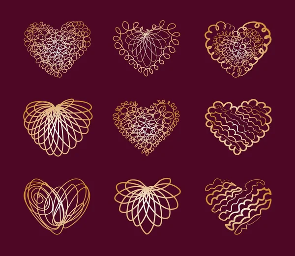 Набор Золотых Винтажных Сердец Кудрями Коллекция Изолированных Вырезанных Элементов Векторного — стоковый вектор
