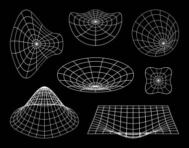 Beyaz üç boyutlu gelecekçi estetik set kablo şekilleri ve siyah zemin üzerindeki perspektif ızgarası. Y2K retro tarzında gerçeküstü geometri figürleri. Rave psychedelic siyah çizgi tasarım elementleri ve