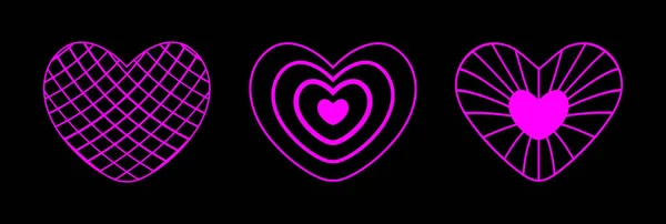 Neon Pink Wireframe Heart Shapes Set Black Background Futuristic Cyberpunk — Stock Vector