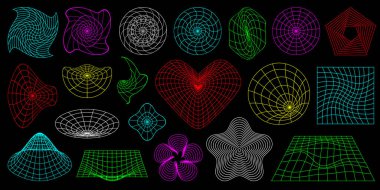 Soyut üç boyutlu kablo şekilleri, perspektif şebekeleri ve kalp. Gerçeküstü geometrik şekiller. Rave psychedelic tasarım elementleri ve arka planlar. Y2K retro fütüristik estetik seti. Vektör illüstrasyonu