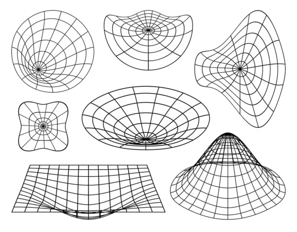Ensemble Esthétique Futuriste Rétro Y2K Formes Abstraites Wireframe Grilles Perspective — Image vectorielle