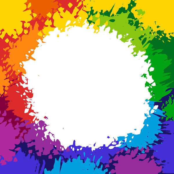 Colorful frame with round empty place for text. Abstract background with painted rainbow splashes. Bright color spray paints explosion. Vector creative design template for Holi festival poster banner