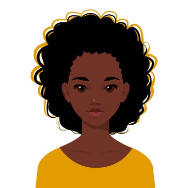 Kadın portresi. Kıvırcık saçlı ve güzel yüzlü Afro-Amerikalı kız. Beyaz arka planda izole edilmiş genç bir kadın. Düz bir şekilde vektör karikatür çizimi. Poster veya avatar.