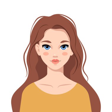 Kadın portresi. Uzun saçlı ve güzel yüzlü bir kız. Beyaz arka planda izole edilmiş genç bir kadın. Düz bir şekilde vektör karikatür çizimi. Poster veya avatar.