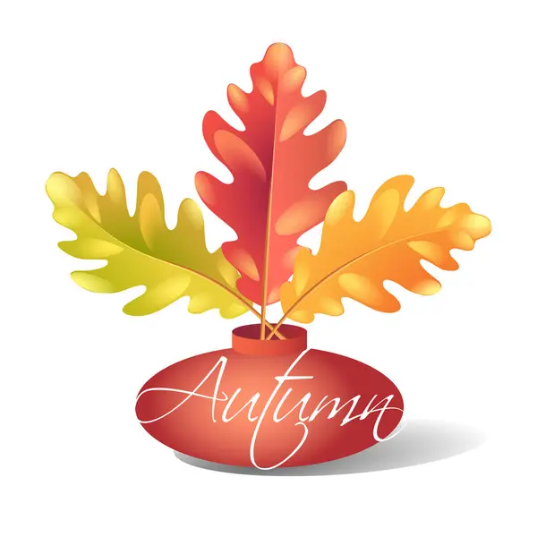 Autumn Bright Oak Leaves Vase Isolated White Background Vector Illustration — Stock Vector