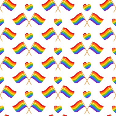 Gurur ayı tasarımı için gökkuşağı LGBT bayrağı ve kalp ile kusursuz desen. Beyaz arkaplanda LGBT Gurur simgeleri. Pankart, poster, dekor ve tebrik kartı için vektör çizimi. Tasarım tekstilini yazdır.