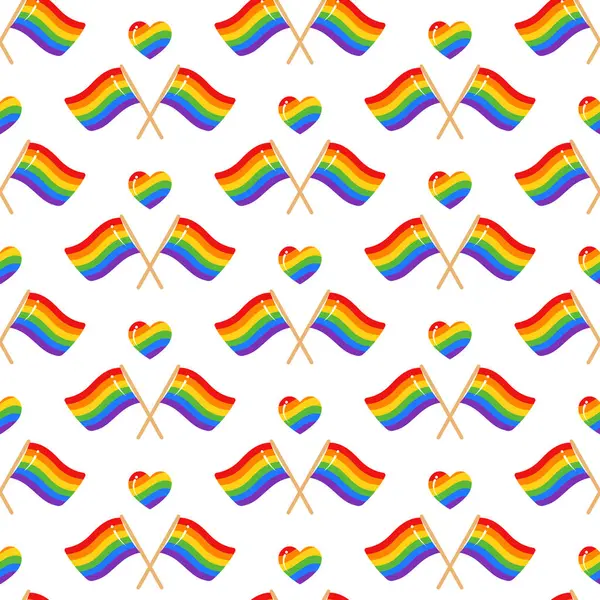 Gurur ayı tasarımı için gökkuşağı LGBT bayrağı ve kalp ile kusursuz desen. Beyaz arkaplanda LGBT Gurur simgeleri. Pankart, poster, dekor ve tebrik kartı için vektör çizimi. Tasarım tekstilini yazdır.