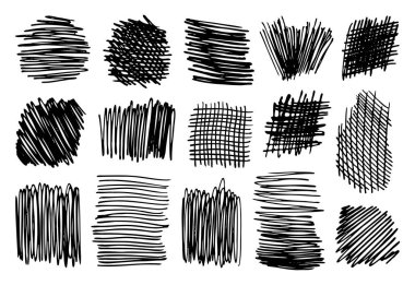 Black ink hatching shapes, scribble strokes set. Hand drawn pencil sketches, crossed lines and squiggles, wide strokes, drawings. Vector scrawl elements isolated on white background clipart