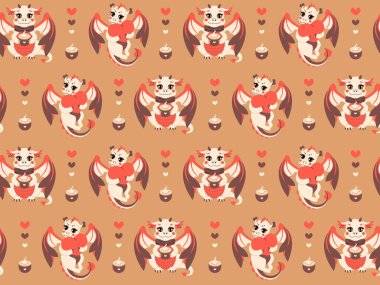 Peri masalı, dikişsiz desenli bir kapuçino ve sonbahar renklerinde bir kalp. Çizgi film tarzında vektör illüstrasyonu. Çocuk bezi, kumaş, ambalaj kağıdı, duvar kağıdı.