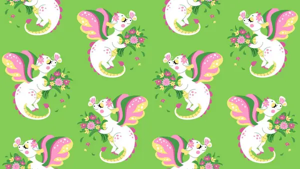 Peri masalı ejderhası ve yeşil arka planda bahar çiçekleri olan kusursuz bir desen. Çizgi film tarzında vektör illüstrasyonu. Çocuk bezi, kumaş, ambalaj kağıdı, duvar kağıdı..