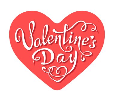 Kırmızı kalpli sevgililer günü mektupları. El yazısı metni. Romantik tebrik kartı, modern tipografi posteri, afişi, çıkartması için düz stil vektör illüstrasyonu.