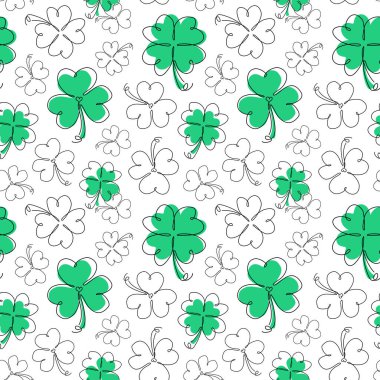 Beyaz arka planda, yonca yeşili yapraklı, pürüzsüz desen. Aziz Patrick Günü 'nün sembolü. Sanat tarzında vektör illüstrasyonu. Kumaş, ambalaj kağıdı, arkaplan, duvar kağıdı için tasarım.