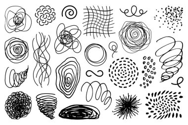 Siyah mürekkep karalama şekilleri ayarlandı. El çizimi kalem çizimleri, kıvrımlı çizgiler, çizimler, ince vuruşlar, çizimler. Beyaz arkaplanda karalama elementleri izole edildi