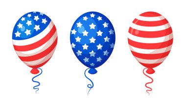 ABD bayraklı Amerikan vatansever balonları. ABD 'nin 4 Temmuz Bağımsızlık Günü için çıkartmalar. Mavi arka planda izole tasarım unsurları. Çizgi film tarzında vektör illüstrasyonu.