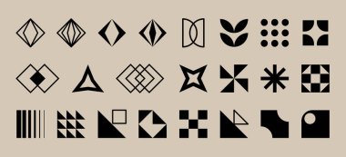 Zalim soyut geometrik şekiller koleksiyonu. Farklı minimalist siyah tasarım elementlerinin vektör kümesi. Çağdaş estetik temel Y2K figürleri