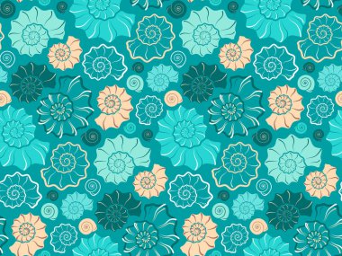 Aquamarine renk arka planında sarmal deniz kabukları olan kusursuz bir desen. Kumaş, tekstil, ambalaj kağıdı, duvar kâğıdı, çıkartma, defter için siluet ve dış hatları olan modaya uygun desen