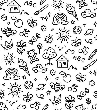 Seamless pattern with black line doodle children drawings. Fun icons such as flower, ice cream, candy, sun, house, tree, apple, heart, stars isolated on white background.