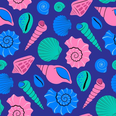 Modern düz tarzda mavi arka planda parlak renkli deniz kabuklarına sahip kusursuz desen. Kumaş, tekstil, ambalaj kağıdı, duvar kağıdı, çıkartma, defter kapağı için modaya uygun desen. Vektör illüstrasyonu