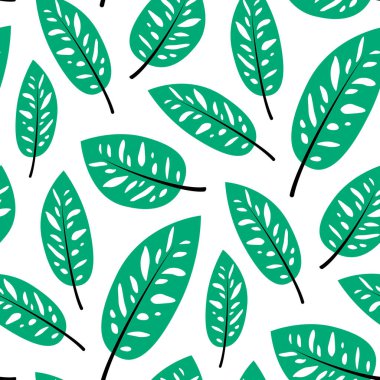 Kusursuz tropikal yaprak deseni. Düz arkaplanda yeşil yapraklar. Ambalaj kağıdı, baskı, kumaş, ağ, duvar kağıdı için yaprak dokusu. Vektör illüstrasyonu