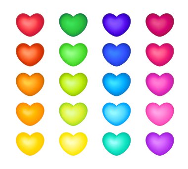 Üç boyutlu gökkuşağı aşk kalplerinin farklı renklerde koleksiyonu - kırmızı, turuncu, sarı, yeşil, mavi ve mor. Gurur ayı için izole simgeler, vektör tasarım ögeleri kümesi