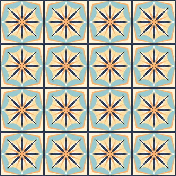 Soyut yıldız şekline sahip kare karoların geometrik dikişsiz deseni. Geleneksel oryantal turuncu ve mavi dekoratif Azulejos. Soyut klasik arka plan. Vektör illüstrasyonu.