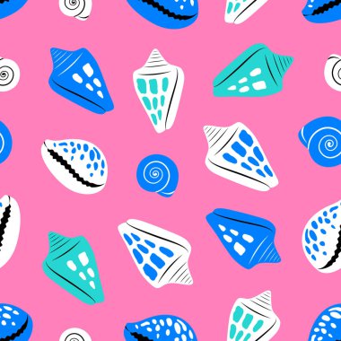 Pembe arka planda pürüzsüz deniz kabukları düz bir şekilde. Kumaş, tekstil, ambalaj kağıdı, duvar kağıdı, çıkartma, defter kapağı için modaya uygun desen. Vektör illüstrasyonu