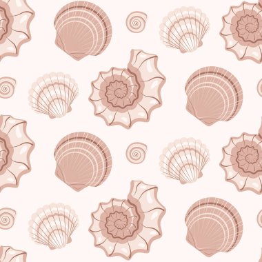 Kahverengi arkaplanda çizgi film tarzında deniz kabukları olan pürüzsüz bir desen. Kumaş, tekstil, ambalaj kağıdı, duvar kağıdı, çıkartma, defter kapağı için vektör çizimi.
